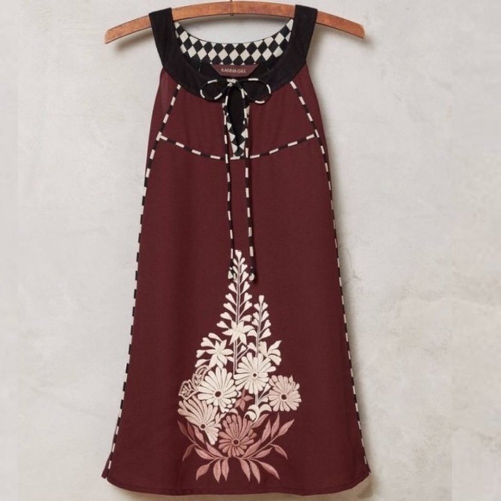 Anthropologie Ranna Gill Embroidered Halter‎ Top Size Small Maroon Burgundy Boho